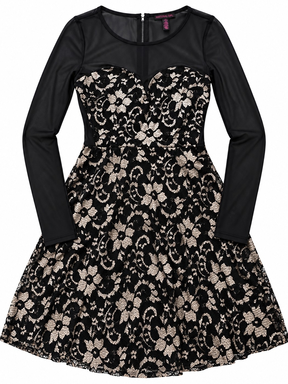 Material Girl Black Lace Dress with Nude Floral Underlay